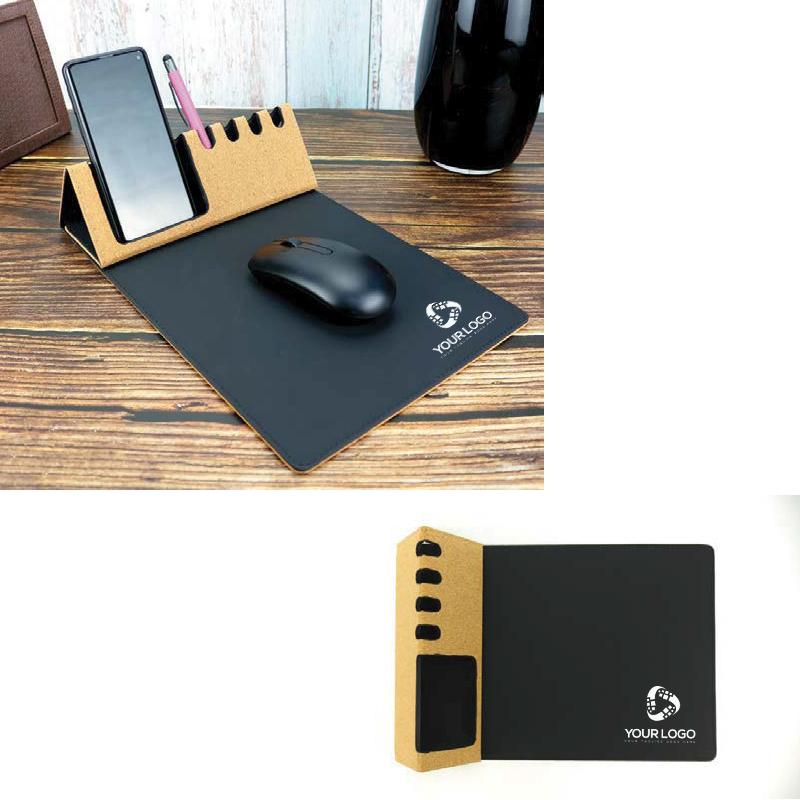 Multi-function Foldable Mousepad in black PU and Cork material